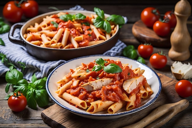 Penne pasta en salsa de tomate con pollo y tomates en una mesa de madera