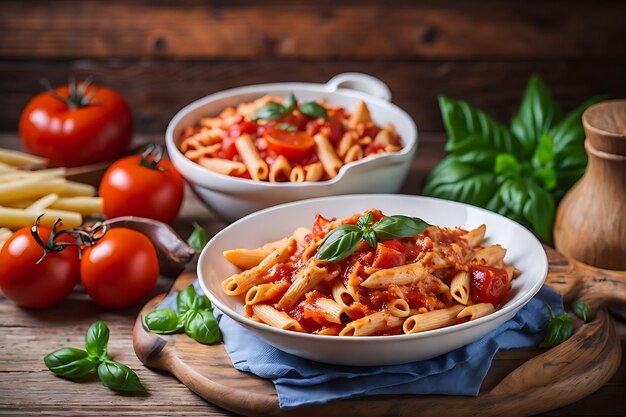 Penne pasta en salsa de tomate con pollo y tomates en una mesa de madera