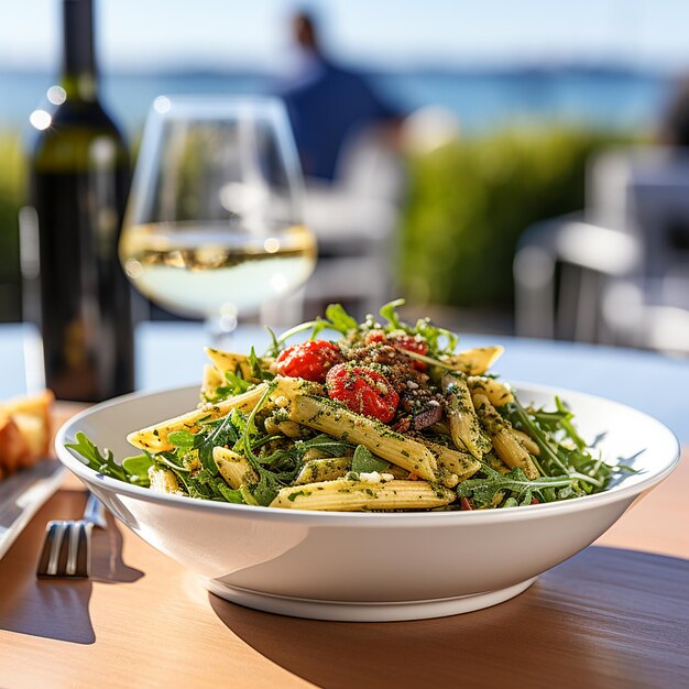 Penne con rúcula y pesto de nuez