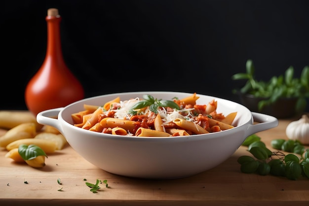 Foto penne con salsa de arabiata en un plato blanco