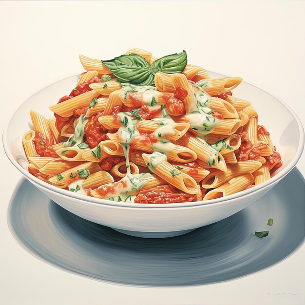 Foto penne con salsa y queso en un tazón blanco al estilo de rojo claro y cian