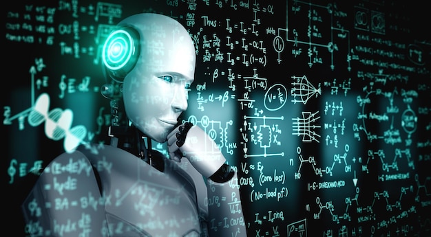 Pensamento robô humanóide AI analisando a tela da fórmula matemática e ciência