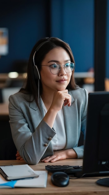 Pensamiento de centro de llamadas y mujer de negocios en la computadora para el aprendizaje electrónico enseñanza de comunicación solutio