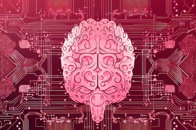 Foto el pensamiento del cerebro de las mujeres y la tecnología de la salud sobre un fondo rosa generado por ia