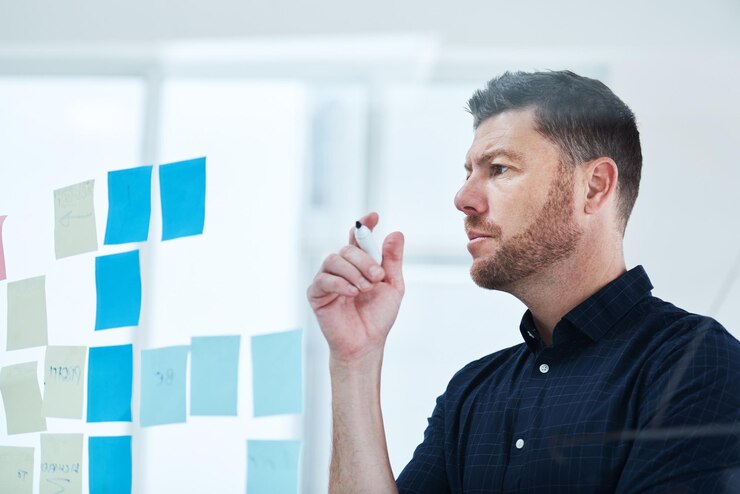 Foto pensamiento y lluvia de ideas de empresarios en la oficina en vidrio para el flujo de trabajo de inicio y planificación para el día siguiente o tarea creativa ideas y pensamientos del gerente de proyecto para el calendario de la campaña y el establecimiento de objetivos