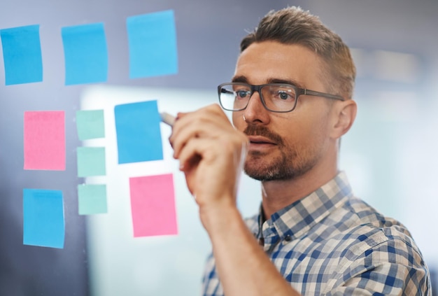 Pensando en un nuevo plan de juego Foto de un diseñador masculino escribiendo en notas adhesivas pegadas a una pared de vidrio