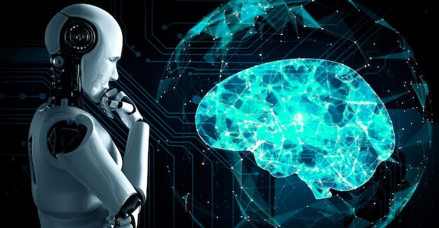 Pensando en un robot hominoide con IA analizando una pantalla de holograma que muestra el concepto de IA