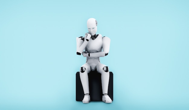 Pensando en el robot humanoide AI analizando datos de información