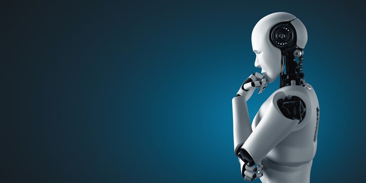 Foto pensando en el robot humanoide ai analizando datos de información