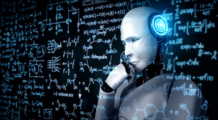 Foto pensando en el robot humanoide ai analizando la pantalla de la fórmula matemática y la ciencia
