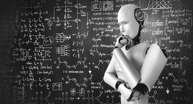 Pensando en el robot humanoide AI analizando la pantalla de la fórmula matemática y la ciencia