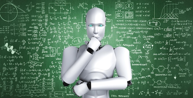 Pensando en el robot humanoide AI analizando la pantalla de la fórmula matemática y la ciencia