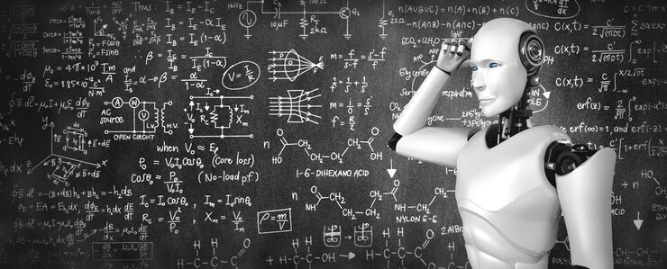 Foto pensando en el robot humanoide ai analizando la pantalla de la fórmula matemática y la ciencia