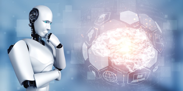 Pensando en el robot humanoide AI analizando la pantalla del holograma que muestra el concepto de AI