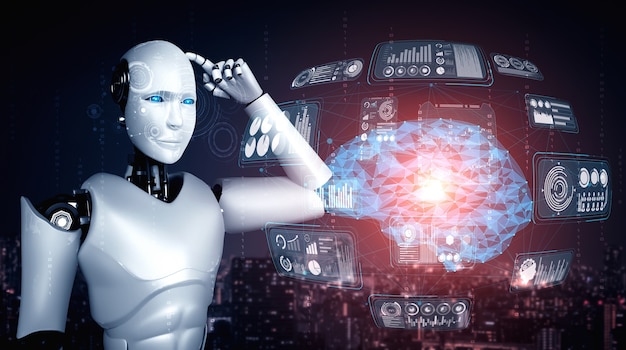 Pensando en el robot humanoide AI analizando la pantalla del holograma que muestra el concepto de AI
