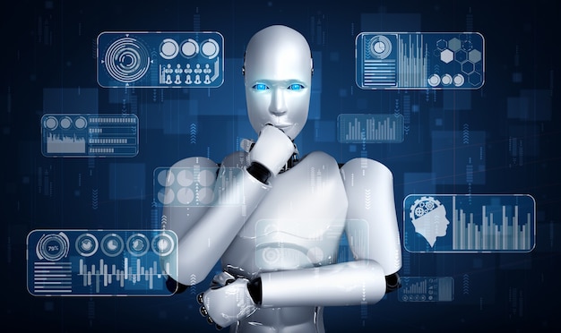 Pensando en el robot humanoide AI que analiza la pantalla del holograma que muestra el concepto de grandes datos