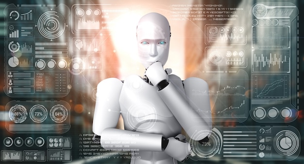 Pensando en el robot humanoide AI que analiza la pantalla del holograma que muestra el concepto de grandes datos