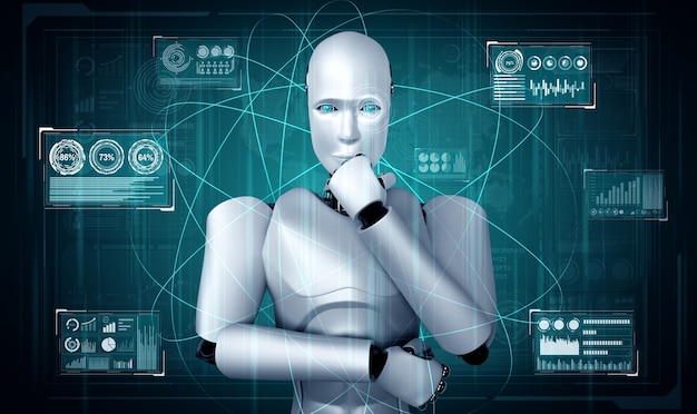 Pensando en el robot humanoide AI que analiza la pantalla del holograma que muestra el concepto de grandes datos