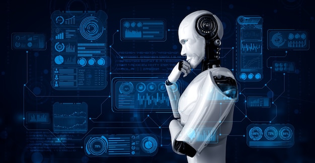Pensando en el robot humanoide AI que analiza la pantalla del holograma que muestra el concepto de grandes datos