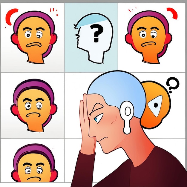 Pensar y confundir emoticones faciales con burbuja de voz de pregunta e ilustración vectorial del pulgar