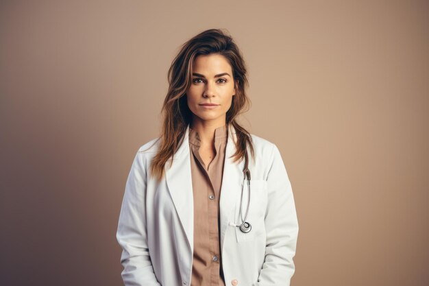 Pensativa Jovem Médico Mulher Caucasiana Médico Geral em Lab Coat Standing