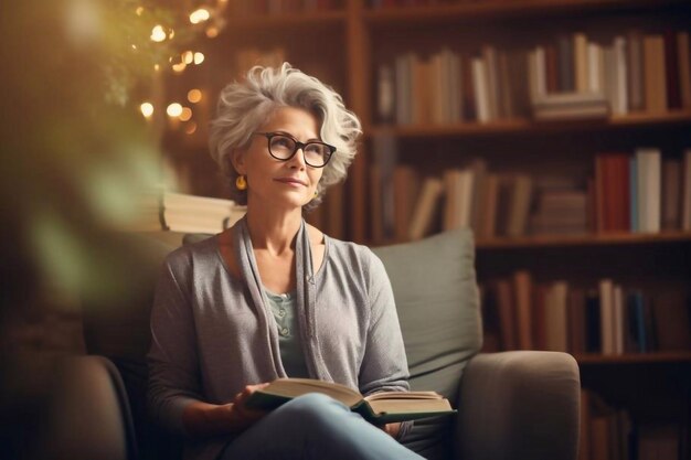 Pensativa mulher escandinava de meia-idade amante de livros passando tempo livre na biblioteca fema madura