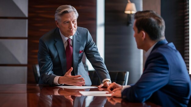 Foto pensativo, inteligente y creativo hombre de negocios se inclina sobre la mesa mientras habla con su compañero de trabajo extiende la cabeza