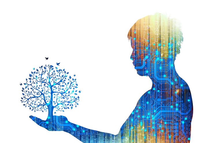 Foto pense em humanos e tecnologia no mundo virtual o conceito de tecnologia de ia que está desempenhando um papel nos seres humanos silhueta de pessoas com circuitos eletrônicos em um fundo branco