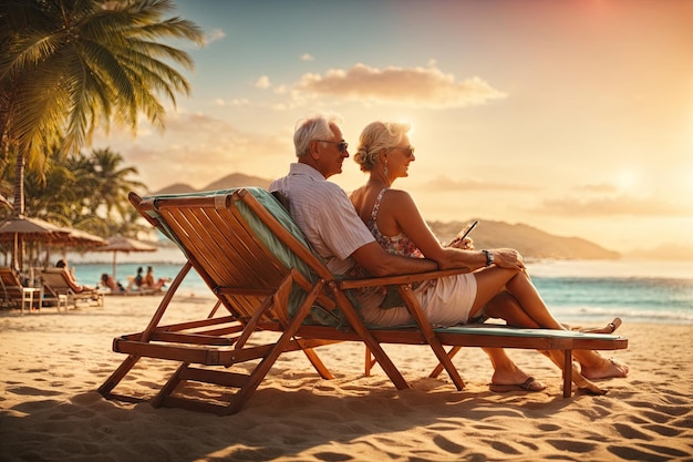 Pensioniertes reisendes Paar ruht sich gemeinsam am Sonnensandstrand aus