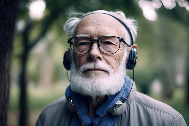 Pensionista con auriculares inalámbricos en el parque Ilustración generativa de IA