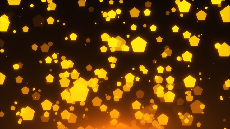 Foto los pentágonos brillantes dorados están en el fondo de renderizado 3d de vacaciones espaciales explosión dorada de confeti