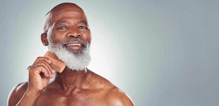 Foto pente de preparação e barba com rosto de homem negro para higiene de beleza e cuidados com a pele com maquete pêlos faciais de autocuidado e barbeiro com modelo para saúde, bem-estar e limpeza no fundo do estúdio