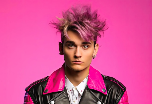 penteado dos anos 80 em um uniforme punk rock em um fundo rosa