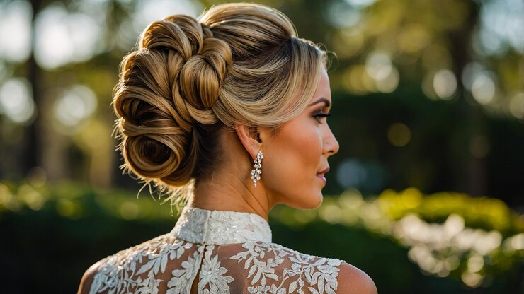 Foto penteado elegante para uma mulher para um evento formal