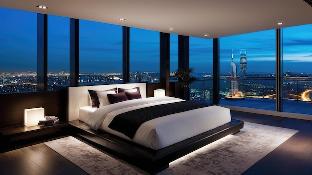 Penthouse-Schlafzimmer in der Nacht dunkel düster Ein Zimmer mit Blick auf die Stadt vom Bett