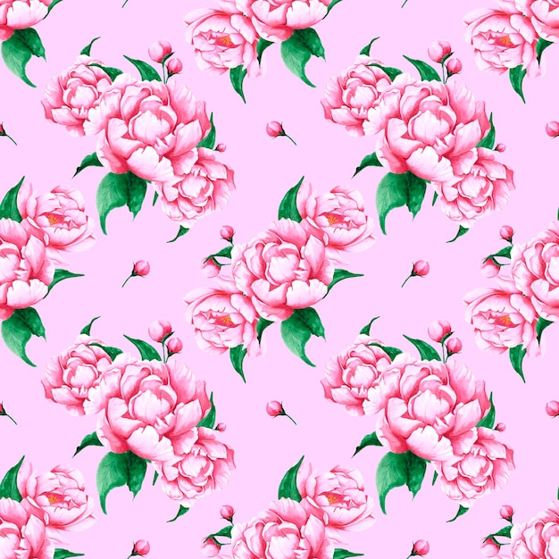 Peonía dibujada a mano flores de patrones sin fisuras Acuarela peonía rosa sobre fondo rosa Scrapbook diseño tipografía cartel etiqueta banner textil