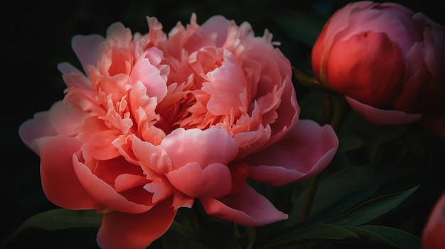 Una peonía rosa está en un jardín.