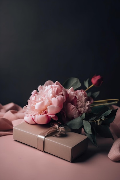 Una peonía rosa se sienta en una caja de regalo rosa junto a una caja de regalo rosa.