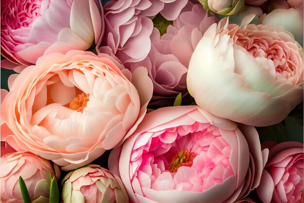 Peônias cor-de-rosa brancas abriram papel de parede de bando de flores