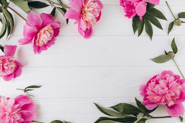 Peônias cor-de-rosa e brancas em um fundo branco de madeira copiam o espaço plano cartão de felicitações