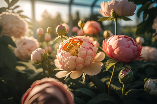 Peônias de flores de primavera em ilustração de estufa solar Generative AI