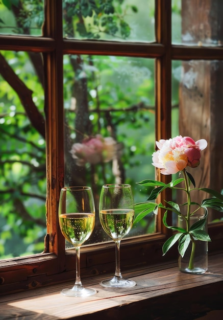 Peonías elegantes y copas de vino espumoso junto a un alféizar soleado