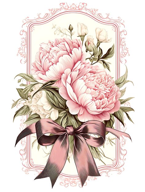 Peônias Etiqueta de flores Herança Blush Peônia Bouquet com Ribbo Etiqueta 2D Design Vintage Embalagem Tem