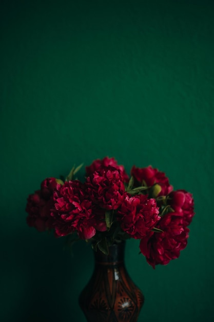 Peonías rojas sobre un fondo de pared verde