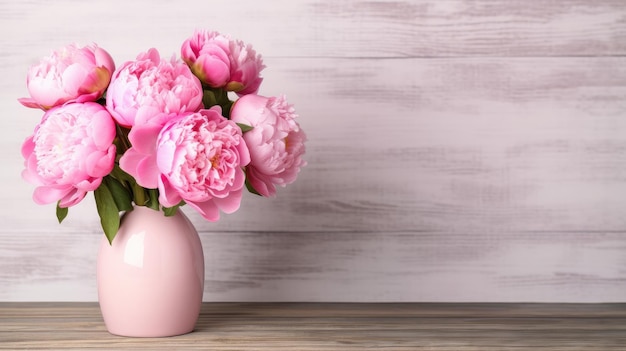 Peônias rosa em um vaso rosa em uma mesa de madeira