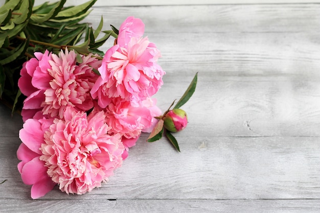 Peonías rosadas en fondo de madera gris.