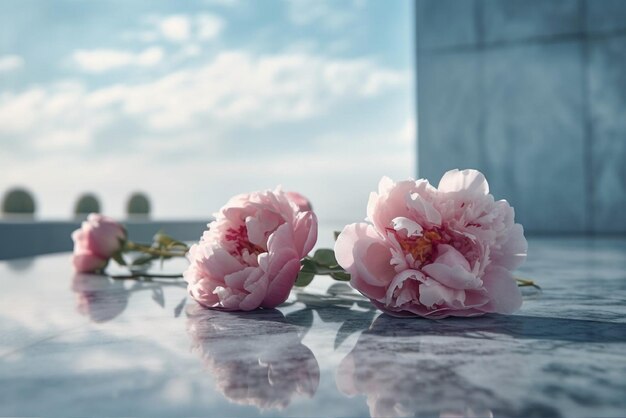 Foto peonías rosadas sobre un fondo de mármol