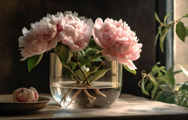 Peonías rosas en un jarrón de cristal