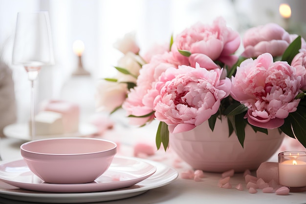 Peonías rosas llenas de velas sobre una mesa