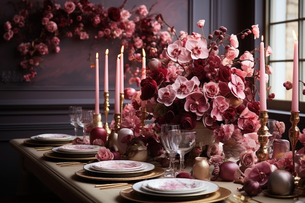 Las peonías, las rosas y las orquídeas adornan una mesa real en oro y terciopelo, una imagen de compromiso, boda y aniversario.